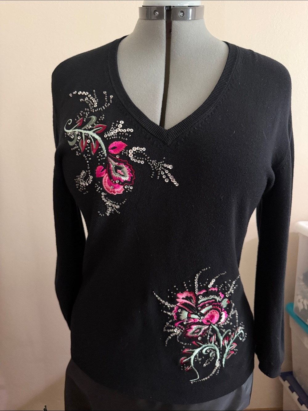 Karen Kane Black V-Neck Sweater with Pink Floral Embroidery